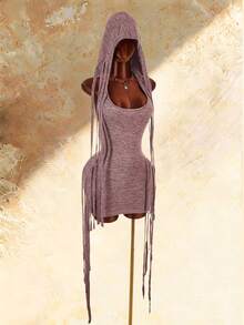 Bumpella Knitted Sleeveless Hooded Fringe Striped Bodycon Backless Mini Dress For Women - Multicolor - View 5