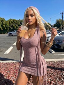 Bumpella Knitted Sleeveless Hooded Fringe Striped Bodycon Backless Mini Dress For Women - Multicolor - View 1