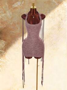 Bumpella Knitted Sleeveless Hooded Fringe Striped Bodycon Backless Mini Dress For Women - Multicolor - View 9