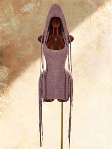 Bumpella Knitted Sleeveless Hooded Fringe Striped Bodycon Backless Mini Dress For Women - Multicolor - View 13