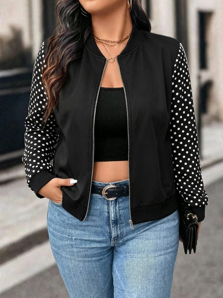 EMERY ROSE Jaket Ringan Lengan Panjang Motif Polkadot Fashion Ukuran Plus Wanita, Cocok untuk Pakaian Sehari-hari di Musim Gugur - Hitam dan Putih - View 1