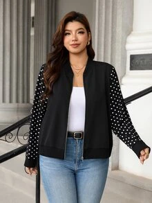 EMERY ROSE Jaket Ringan Lengan Panjang Motif Polkadot Fashion Ukuran Plus Wanita, Cocok untuk Pakaian Sehari-hari di Musim Gugur - Hitam dan Putih - View 3