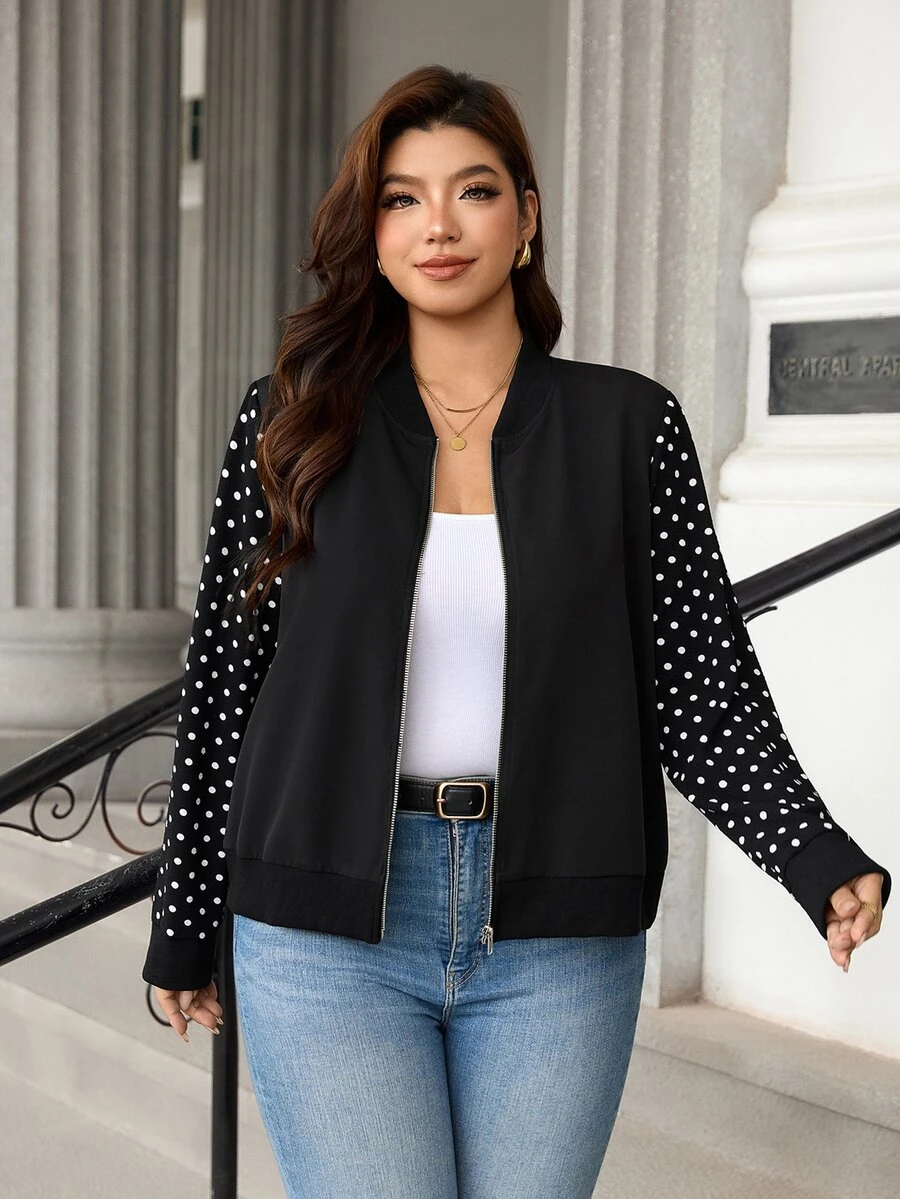 EMERY ROSE Women's Plus Size Fashion Polka Dot Print Long Sleeve Lightweight Jacket, Suitable For Daily Wear Fall - Black and White - View 1