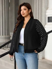 EMERY ROSE Jaket Ringan Lengan Panjang Motif Polkadot Fashion Ukuran Plus Wanita, Cocok untuk Pakaian Sehari-hari di Musim Gugur - Hitam dan Putih - View 4