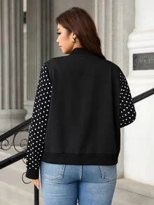 EMERY ROSE Jaket Ringan Lengan Panjang Motif Polkadot Fashion Ukuran Plus Wanita, Cocok untuk Pakaian Sehari-hari di Musim Gugur - Hitam dan Putih - View 2