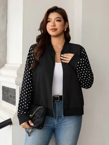 EMERY ROSE Jaket Ringan Lengan Panjang Motif Polkadot Fashion Ukuran Plus Wanita, Cocok untuk Pakaian Sehari-hari di Musim Gugur - Hitam dan Putih - View 6