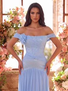 Glamrae Light Blue Tube Formal Gown With Ruched Corset, 3D Floral Detail, Sequins And Pleated Floor-Length Skirt For Prom, Gala And Bridal Party Event - Baby Blue - View 2