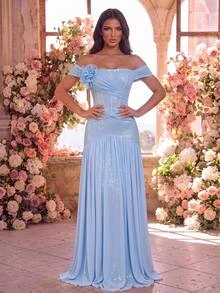 Glamrae Light Blue Tube Formal Gown With Ruched Corset, 3D Floral Detail, Sequins And Pleated Floor-Length Skirt For Prom, Gala And Bridal Party Event - Baby Blue - View 3