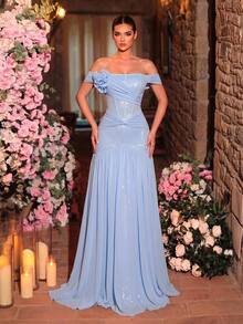Glamrae Light Blue Tube Formal Gown With Ruched Corset, 3D Floral Detail, Sequins And Pleated Floor-Length Skirt For Prom, Gala And Bridal Party Event - Baby Blue - View 7