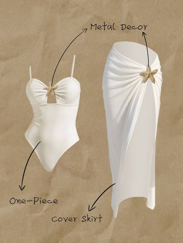 Elavelle 2pcs Women's Summer Solid Color Spaghetti Strap Starfish Decor Maxi Skirt High-Cut One-Piece Swimsuit Set White Elegant - Beige - View 4