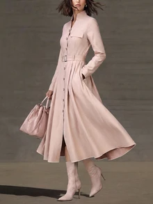 Wandoria Solid Button Front Belted Trench Coat - Pink - View 5