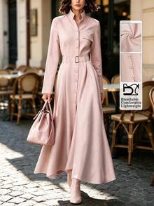 Wandoria Solid Button Front Belted Trench Coat - Pink - View 6