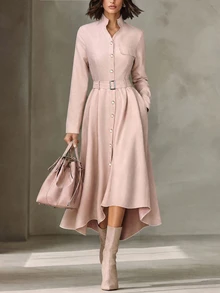 Wandoria Solid Button Front Belted Trench Coat - Pink - View 7
