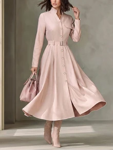 Wandoria Solid Button Front Belted Trench Coat - Pink - View 8