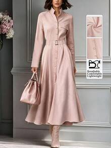 Wandoria Solid Button Front Belted Trench Coat - Pink - View 3