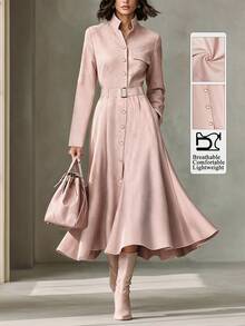 Wandoria Solid Button Front Belted Trench Coat - Pink - View 1