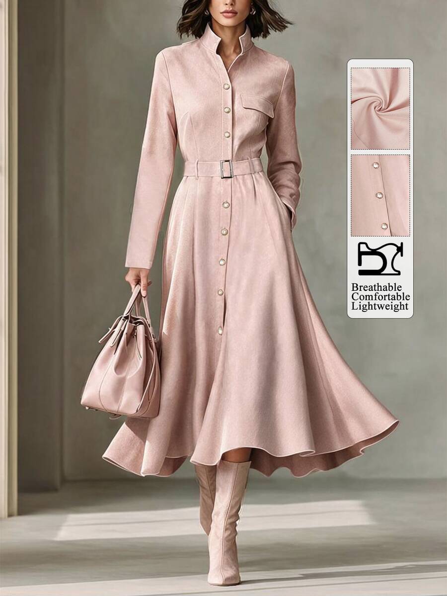 Wandoria Solid Button Front Belted Trench Coat - Pink - View 1
