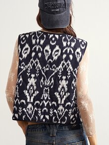 Bohemela 女款舒適印花對比色綁帶棉填充背心外套 - 黑與白 - 查看 7