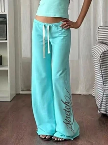 Muchica Women's Drawstring Waist Wide Leg Loose Casual Sweatpants - Mint Blue - View 7