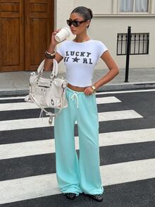 Muchica Women's Drawstring Waist Wide Leg Loose Casual Sweatpants - Mint Blue - View 3