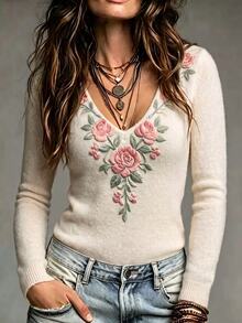 LUMIGAL Women's Floral Print V-Neck Long Sleeve Fitted Sweater - Apricot - View 1