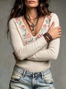 LUMIGAL Women's Floral Print V-Neck Long Sleeve Fitted Sweater - Apricot - View 4