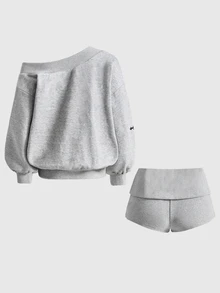 ROMWE Y2K Subculture Cross Print Slogan Sweatshirt & Super Short Shorts Casual Versatile All-Match Women 2 Pieces Set - Light Grey - View 2