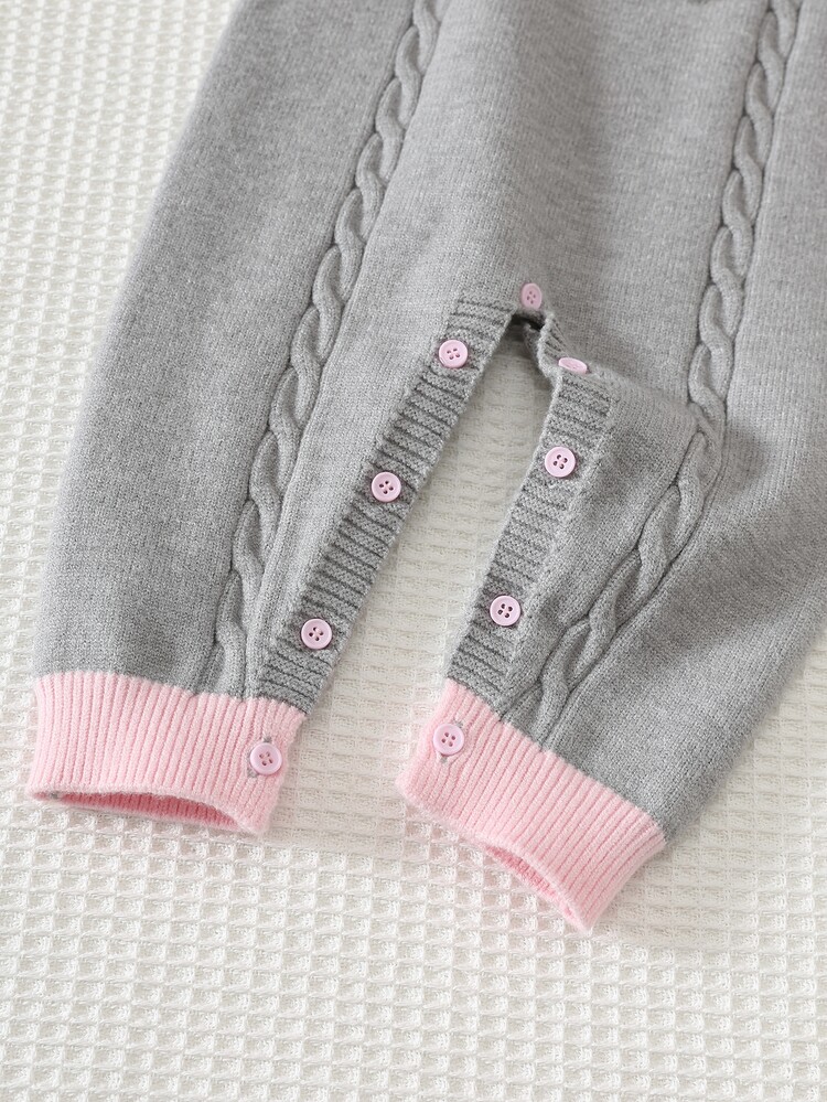Cozy Pixies Baby Girl Cartoon Bear 3D Bow Casual Cute Pattern Colorblock Round Neck Long Sleeve Knit Autumn Jumpsuit - Grey - View 6