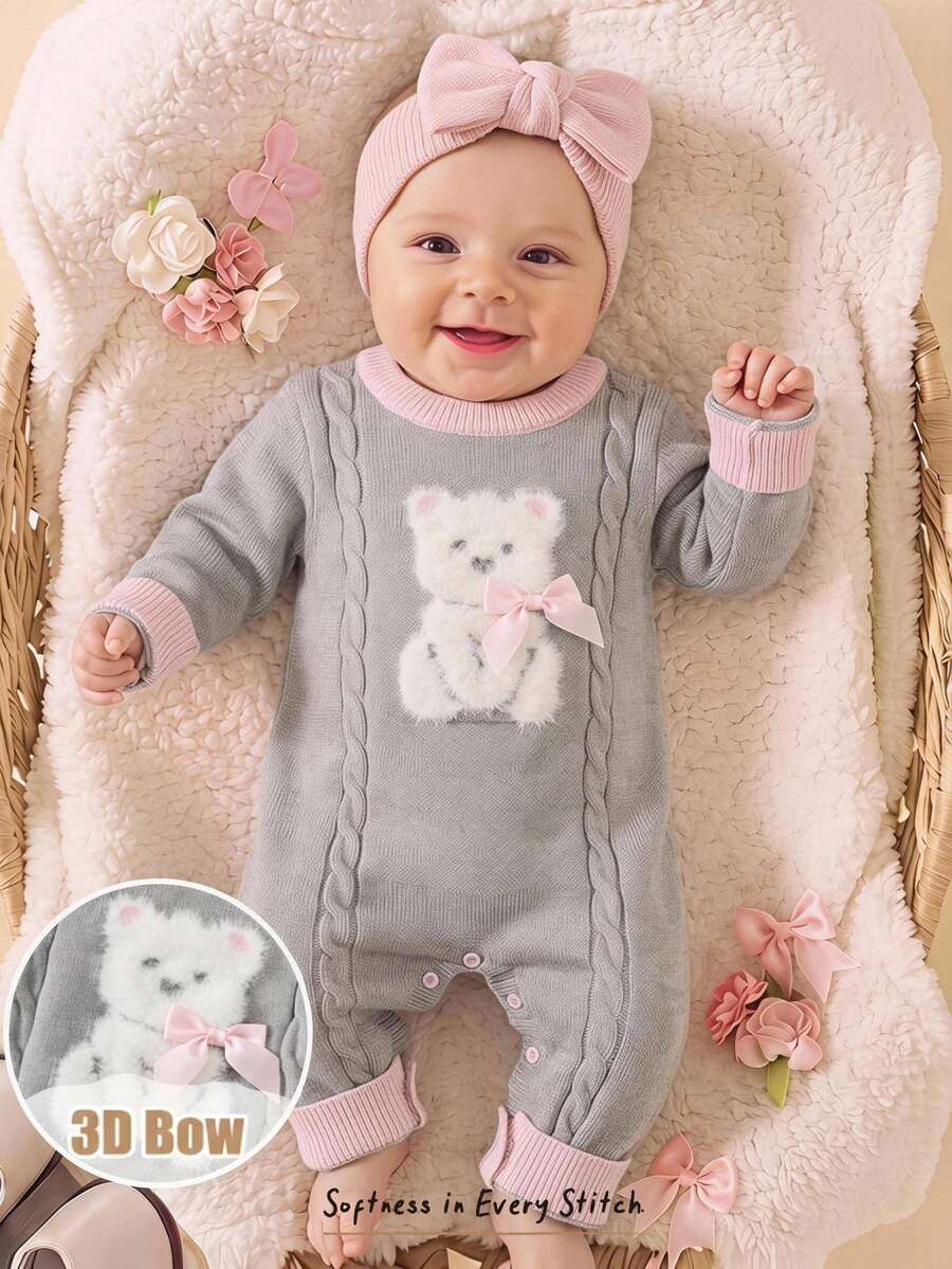 Cozy Pixies Baby Girl Cartoon Bear 3D Bow Casual Cute Pattern Colorblock Round Neck Long Sleeve Knit Autumn Jumpsuit - Grey - View 1