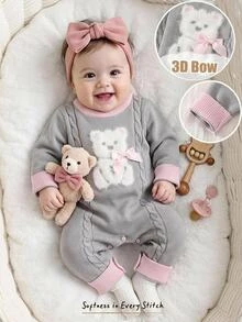 Cozy Pixies Baby Girl Cartoon Bear 3D Bow Casual Cute Pattern Colorblock Round Neck Long Sleeve Knit Autumn Jumpsuit - Grey - View 10