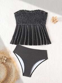 SHEIN Swim 莓果波點層次抓皺細肩帶比基尼上衣，無肩帶設計配前胸縮褶細節，雙層荷葉邊遮腹顯瘦，吊帶背心式比基尼，適合海灘、沙灘、泳池、度假 - 黑與白 - 查看 3