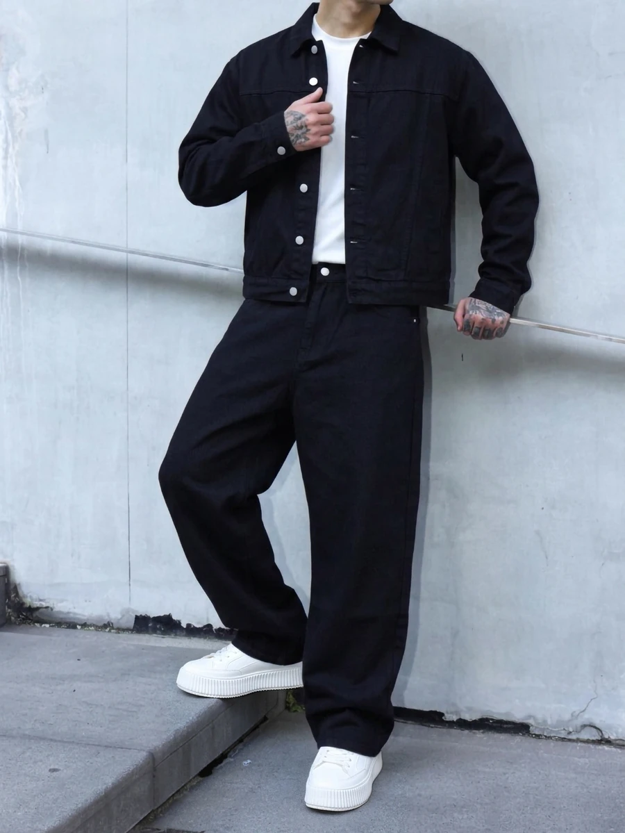 RivetRise Men's Spring/Autumn New Black Denim Casual Jacket & Loose Pants 2 Pieces Set