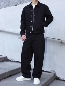 RivetRise Men's Spring/Autumn New Black Denim Casual Jacket & Loose Pants 2 Pieces Set - Black - View 4