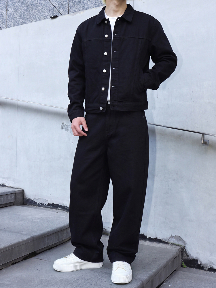 RivetRise 男士春秋新款黑色丹寧休閒夾克與寬鬆長褲兩件套 - 黑色 - 查看 3