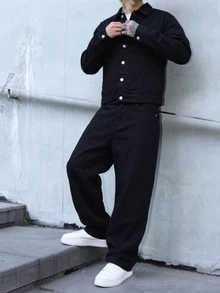 RivetRise Men's Spring/Autumn New Black Denim Casual Jacket & Loose Pants 2 Pieces Set - Black - View 5