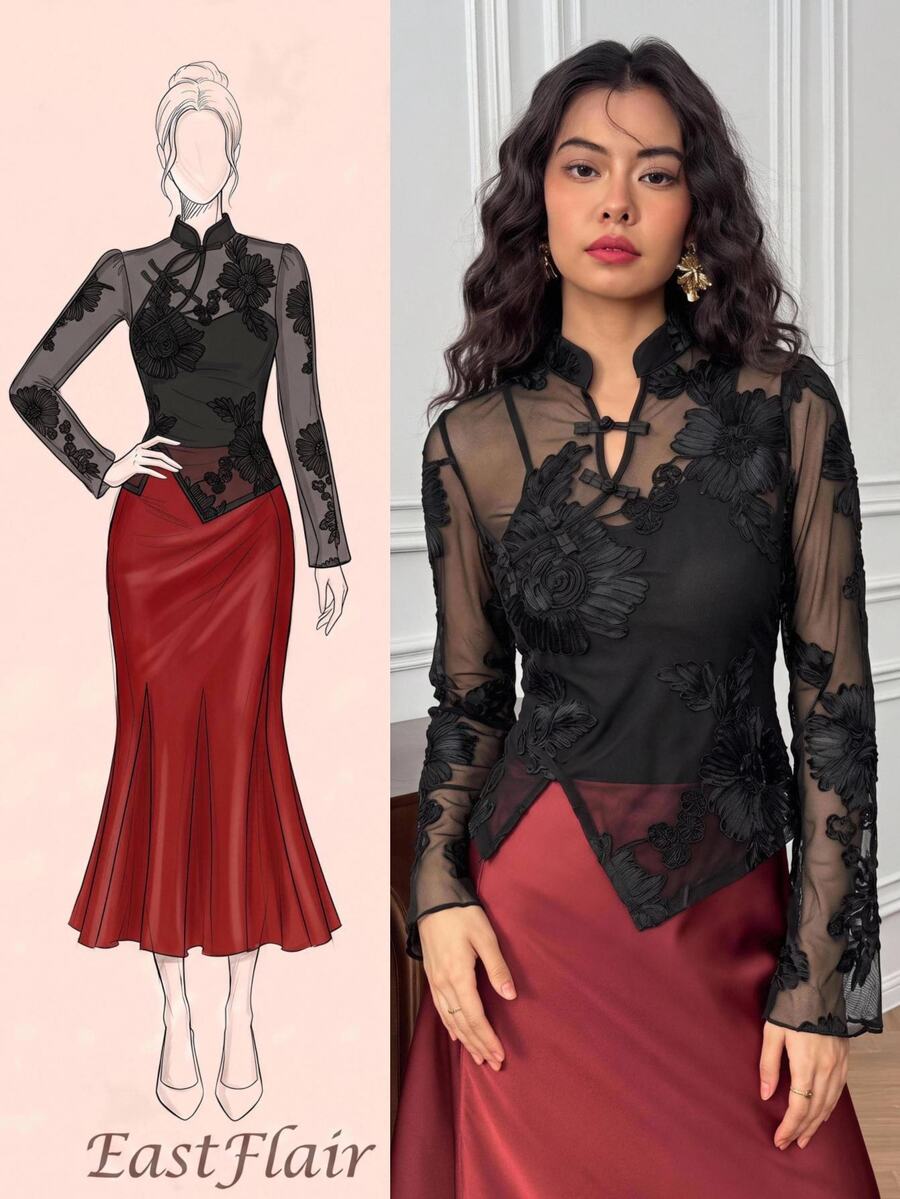 EastFlair Blus Model Baru Gaya Cina dengan Kancing Katak, Renda Transparan, Lengan Lonceng, dan Pinggang Asimetris - Hitam - View 1
