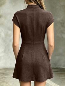 Trelyra Colorful V-Neck Sleeveless Mini Dress, Women's Casual Commute Solid Color V-Neck Sleeveless Mini Dress, Suitable For Any Occasion, Denim Effect Knit With Pockets - Brown - View 2