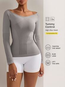 Nuvra Women's Vertical Stripe Patchwork V-Neck Seamless Long Sleeve Yoga Top, Shaping Textured Ribbed Raglan Sleeve Fitted Workout T-Shirt, Cold Shoulder Waist-Cinched Elastic Sports Base Layer Long Sleeve - Grey - View 3