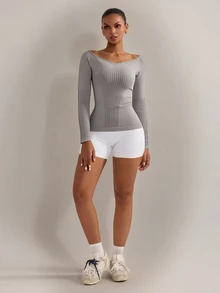 Nuvra Women's Vertical Stripe Patchwork V-Neck Seamless Long Sleeve Yoga Top, Shaping Textured Ribbed Raglan Sleeve Fitted Workout T-Shirt, Cold Shoulder Waist-Cinched Elastic Sports Base Layer Long Sleeve - Grey - View 6