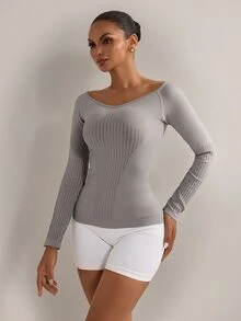 Nuvra Women's Vertical Stripe Patchwork V-Neck Seamless Long Sleeve Yoga Top, Shaping Textured Ribbed Raglan Sleeve Fitted Workout T-Shirt, Cold Shoulder Waist-Cinched Elastic Sports Base Layer Long Sleeve - Grey - View 4