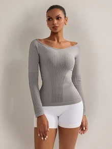 Nuvra Women's Vertical Stripe Patchwork V-Neck Seamless Long Sleeve Yoga Top, Shaping Textured Ribbed Raglan Sleeve Fitted Workout T-Shirt, Cold Shoulder Waist-Cinched Elastic Sports Base Layer Long Sleeve - Grey - View 7