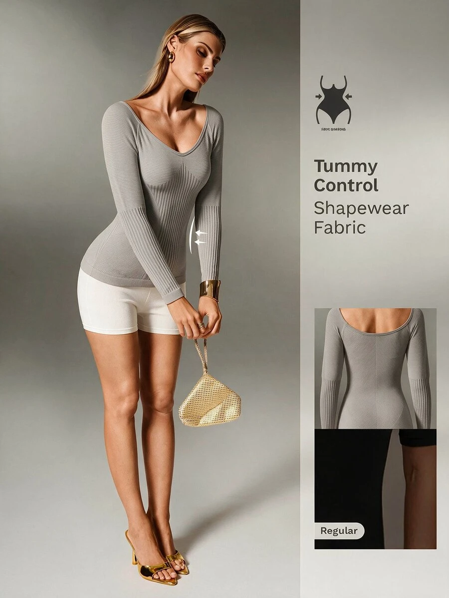 Nuvra Women's Vertical Stripe Patchwork V-Neck Seamless Long Sleeve Yoga Top, Shaping Textured Ribbed Raglan Sleeve Fitted Workout T-Shirt, Cold Shoulder Waist-Cinched Elastic Sports Base Layer Long Sleeve - Grey - View 1