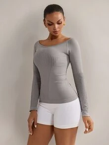 Nuvra Women's Vertical Stripe Patchwork V-Neck Seamless Long Sleeve Yoga Top, Shaping Textured Ribbed Raglan Sleeve Fitted Workout T-Shirt, Cold Shoulder Waist-Cinched Elastic Sports Base Layer Long Sleeve - Grey - View 5