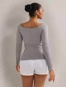 Nuvra Women's Vertical Stripe Patchwork V-Neck Seamless Long Sleeve Yoga Top, Shaping Textured Ribbed Raglan Sleeve Fitted Workout T-Shirt, Cold Shoulder Waist-Cinched Elastic Sports Base Layer Long Sleeve - Grey - View 9