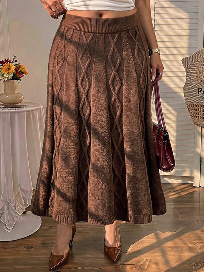 SHEIN MOD Fashion Plus Size Women's High Waist Cable Knit Coffee Color Autumn/Winter Versatile Skirt,Brown, Loose A-Line Hem,Cable-Knit Texture,Brown
