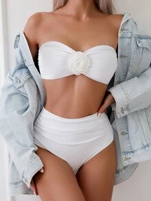 Vaytide Women's Solid Color 3D Floral Decor Swimwear Set - White - View 4