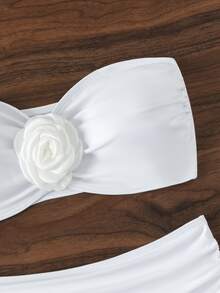 Vaytide Women's Solid Color 3D Floral Decor Swimwear Set - White - View 8