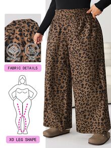 Solflare Plus Size Women's Autumn/Winter Brown Leopard Print Long Corduroy Pants - Multicolor - View 1