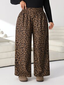 Solflare Plus Size Women's Autumn/Winter Brown Leopard Print Long Corduroy Pants - Multicolor - View 4