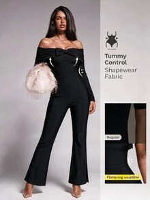 Nuvra Mature Women Pleated Off-Shoulder Bow Slim Fit Jumpsuit - Black - View 1
